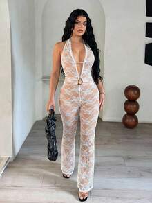 SHEIN SXY 女士露背系带蕾丝拼接性感连体裤，适合约会和派对 - 白色 - 查看 1