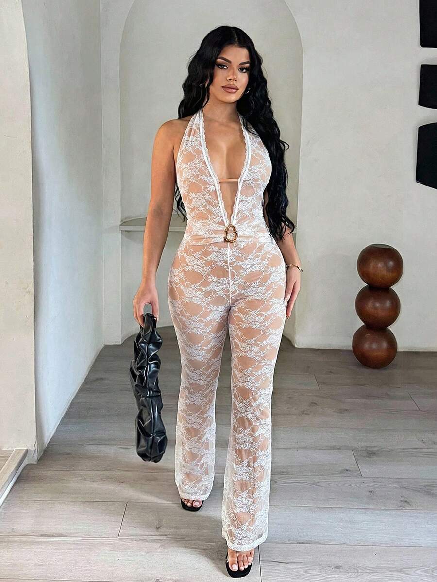 SHEIN SXY 女士露背系带蕾丝拼接性感连体裤，适合约会和派对 - 白色 - 查看 1