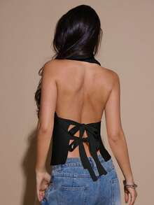 SHEIN BAE Women's Black V-Neck Backless Tie Tank Top, Satin Party Going Out Cocktail Top, Seksi Sexy Chic Club Summer Top, Formal Occasion Business Casual Wear - Black - View 2
