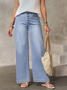 EMERY ROSE 女士休闲日常通勤百搭纽扣开襟宽松阔腿牛仔裤 - 藍色 - 查看 1