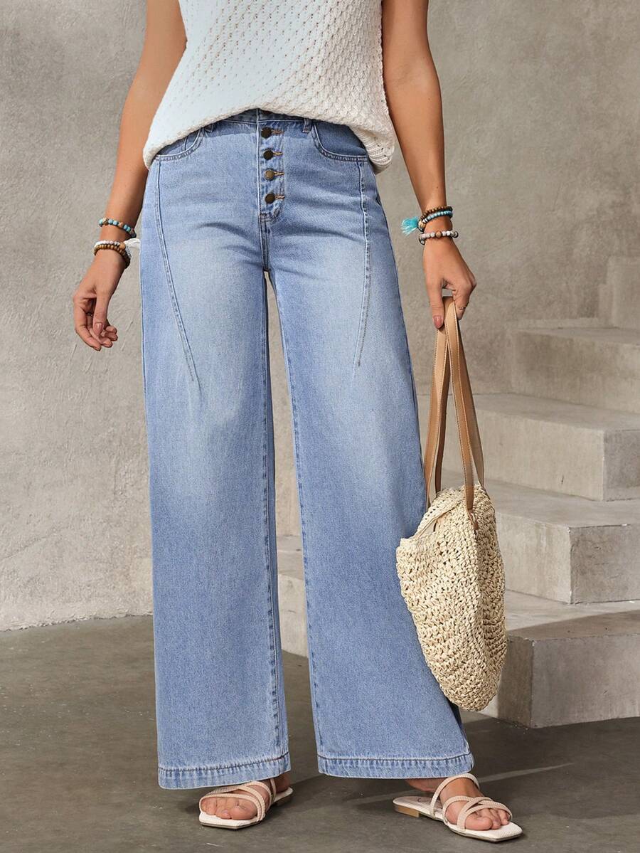 EMERY ROSE 女士休闲日常通勤百搭纽扣开襟宽松阔腿牛仔裤 - 藍色 - 查看 1