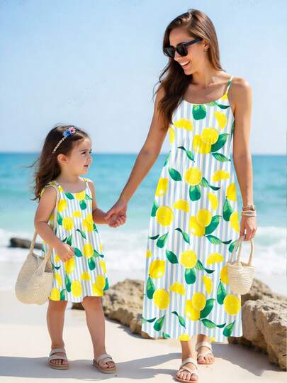 SHEIN 1pc 6 Months - 2-3 Years Old Girls, Fresh & Energetic Lemon All-Over Watercolor Print Sleeveless Dress, Lightweight Fabric, Vibrant Fruit Style Sundress Set, Summer Beach Holiday Outfit