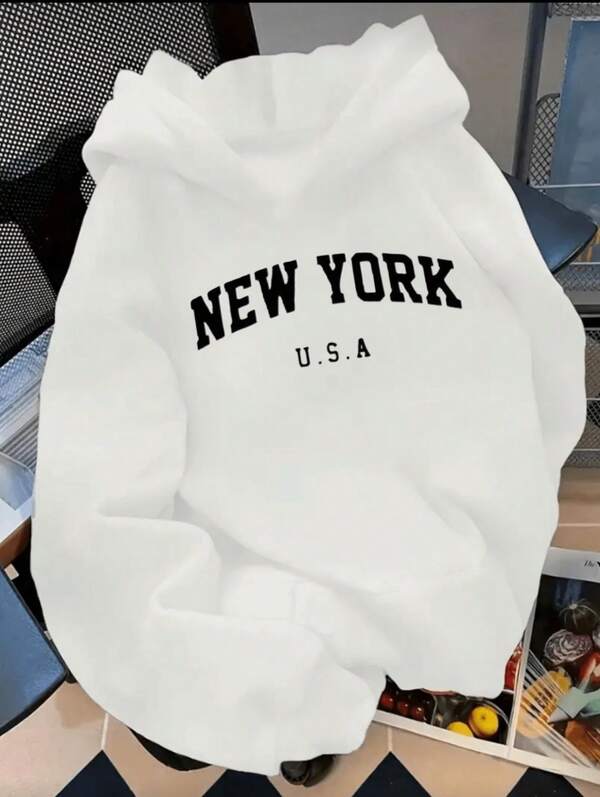 Sudadera Con Capucha De Cuello Redondo Para Hombre Con Estampado De new york , Bolsillo Canguro Y Cordón, Manga Larga, Suelta Y Casual, Ideal Para Regalar En Otoño E Invierno Como Ropa De Hombre