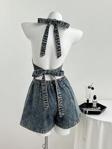 Elamini 女士露背系带牛仔连体裤，时尚百搭，适合约会和外出穿着 - 中等水洗藍 - 查看 1