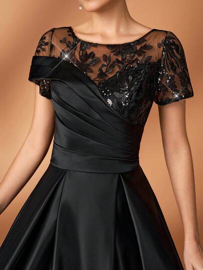 Serin Black Winter Elegant Formal Evening Wedding Luxurious Sequin Bead Embroidered Lace Sheer Sleeve Satin Maxi Dress Prom Mother Of The Bride Gown