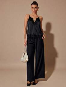 SHEIN BAE Áo hai dây satin cổ chữ V phối đen trắng, thích hợp cho tiệc tùng, tiệc cocktail, sinh nhật, phù dâu, khách dự đám cưới, tiệc brunch, áo không tay thanh lịch. - màu đen - Xem 5