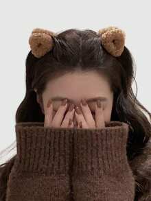 ROMWE Kawaii 1pair Cute Plush Ear Shaped Hair Clips Claw Clips Hair Claws Hair Barrettes - Coffee - View 1