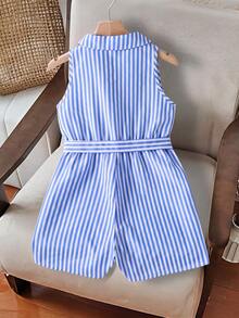 SHEIN Sparklyn 1件女童时尚新款春夏休闲编织条纹翻领手工纽扣无袖连体裤，配腰带，适合日常外出、休闲、派对等场合。 - 藍色 - 查看 2