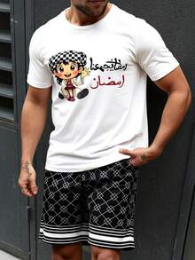 SHEIN 2pcs/Set Teenage Boys Short Sleeve Round Neck T-Shirt + Pocket Shorts Set - Multicolor - View 1