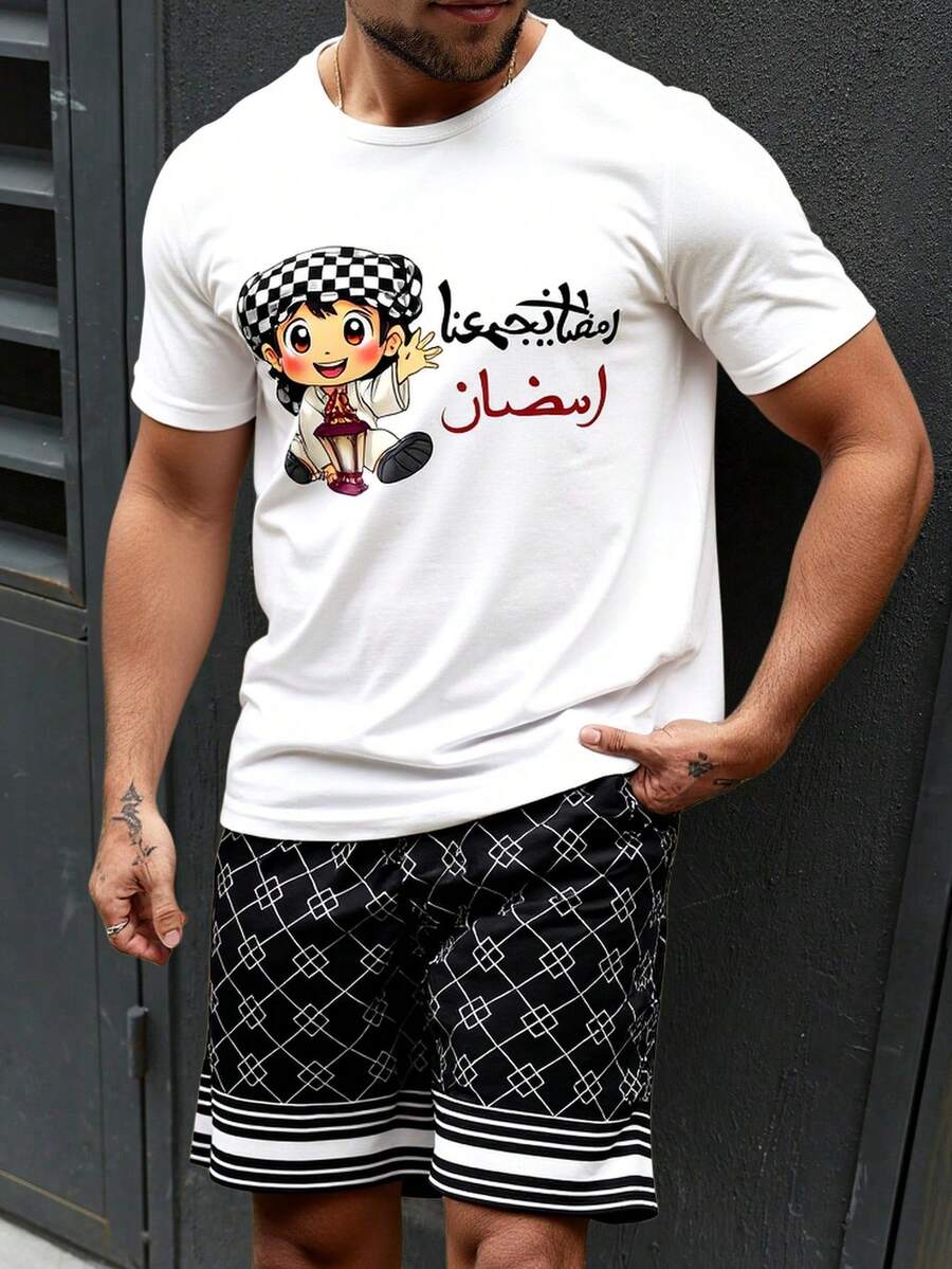 SHEIN 2pcs/Set Teenage Boys Short Sleeve Round Neck T-Shirt + Pocket Shorts Set - Multicolor - View 1