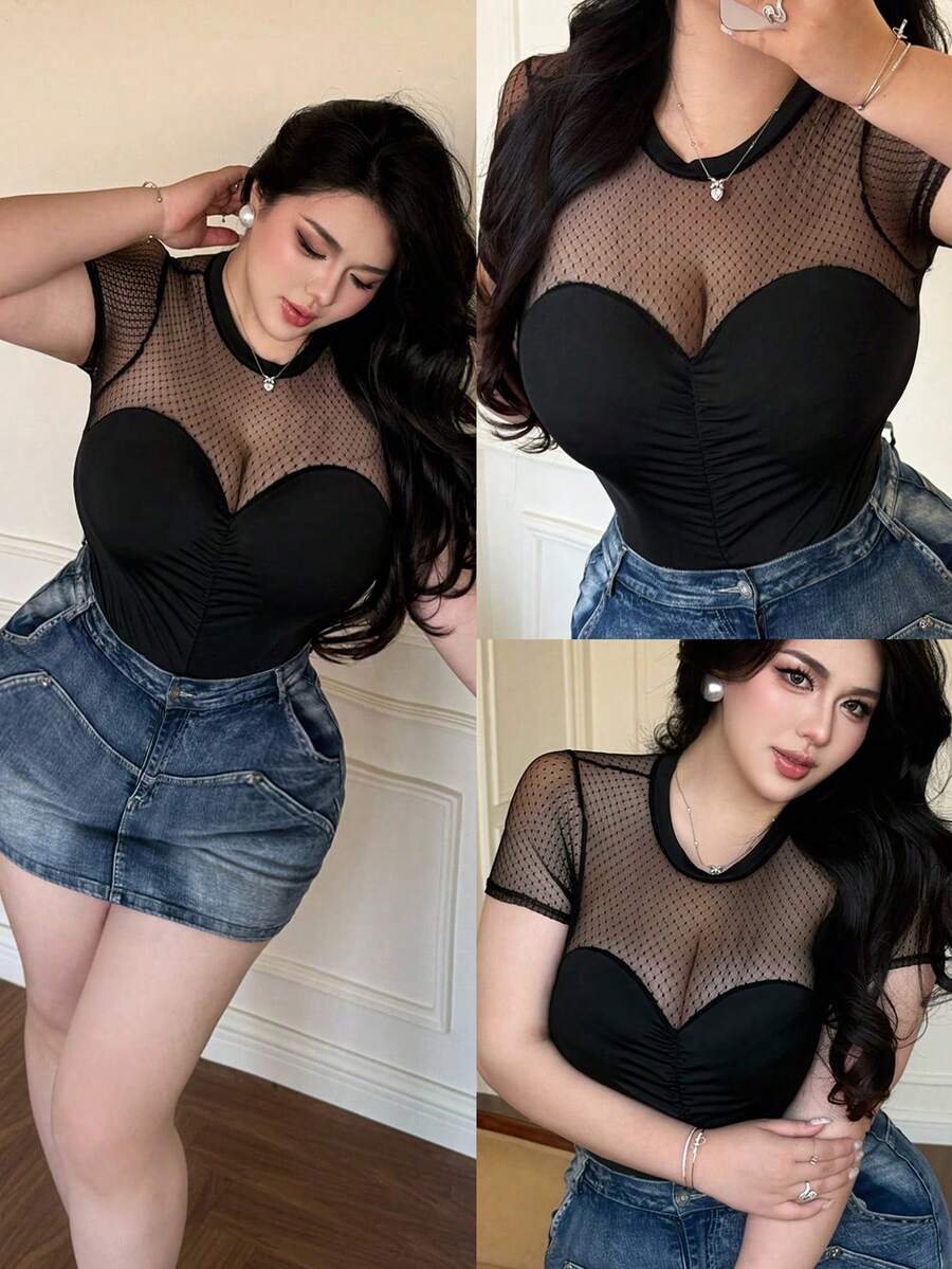 Vibekara Women's Black Polka Dot Patchwork Cropped Top, Sexy Mesh Sheer See-Through T-Shirt - Black - View 1