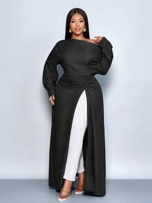 SOLERSUN Women's Plus Size Autumn And Winter Solid Color Wrinkled Fabric Asymmetrical Collar Slant Collar Long Sleeve Side Drawstring Pleats Fashion Design Long Blouse, Asymmetrical Hem Blue Shopping Date Blouse, Fashionable Long Blouse, Music Festival, Party, Concert, Christmas, New Year, Fall, Winter - Black - View 5