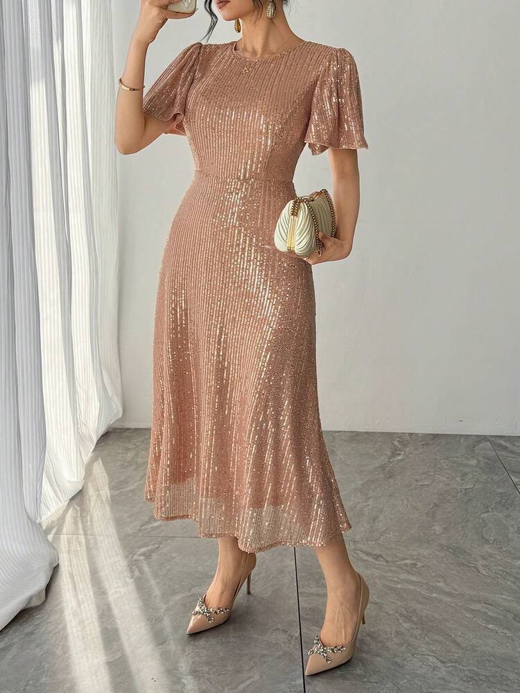 Women's Elegant Sequin Decor Round Neck Ruffle Sleeve Mid-Length Dress, Summer Wedding Guest Dress Sparkly Dress Sundress