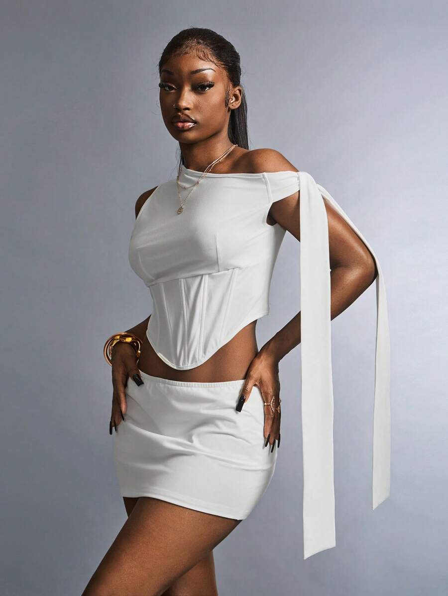 Amplova Women's Asymmetric Neckline Fishbone Top And Skirt Elegant 2 Pieces Set - White - View 1