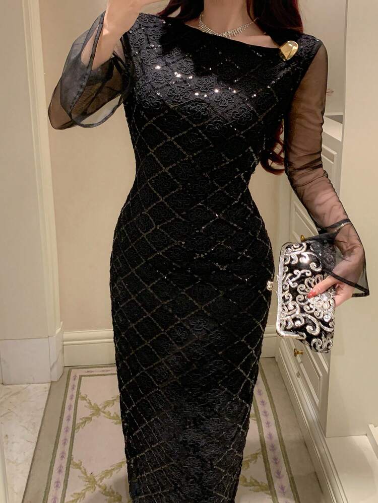 Black Elegant Party Mesh & Sequin Patchwork Fitted Mid-Length Dress, Suitable For Spring & Summer