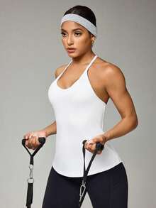 Easithlete Solid Color Mesh Patchwork Racerback Camisole, Summer Activewear - White - View 6