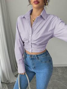 Selianne 女士休闲条纹短款褶皱长袖衬衫，春季 - 紫色 - 查看 4