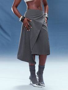 Normani Women's Dark Grey Striped Wrap-Around Split Hem Asymmetrical Skirt,Autumn Business Casual Office Commuter Elegant Western Slit Wrap Skirts For Women - Dark Grey - View 4