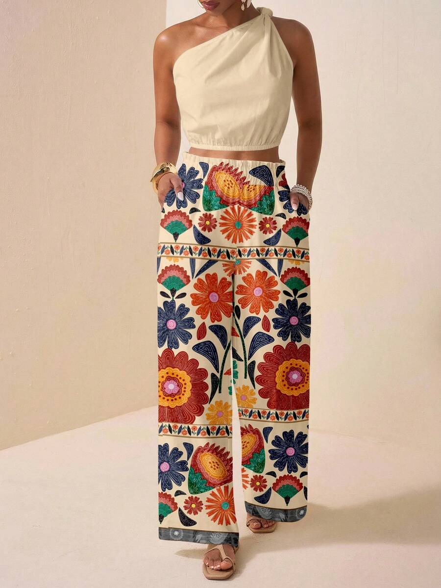 Zivah Casual Vacation Style Geometric Print Placement Pattern One Shoulder Twist Cutout Cropped Women's Top And Straight Loose Pants With Ruffle Hem Pockets, Women's 2 Pieces Set Suitable For Spring/Summer Vacation - Multicolor - View 1
