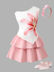 SHEIN 少女碎花针织露肩上衣和百褶裙两件套，优雅时尚的青少年服装，适合派对、圣诞节、情人节、约会、海滩、邮轮、狂欢节、复活节和其他夏季场合。 - 粉色 - 查看 9