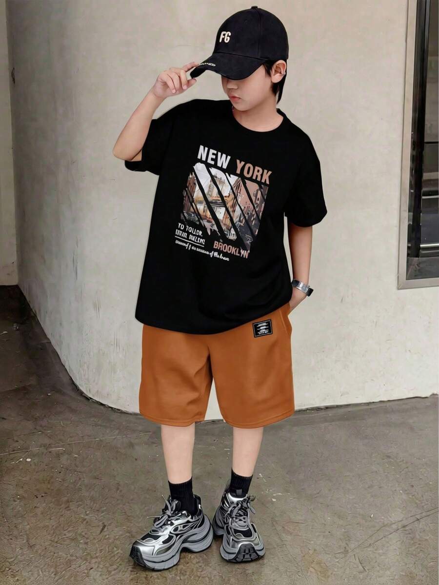 Mirajuku 2件套青少年男童休闲街头复古城市图案T恤和梭织短裤套装，时尚街头服饰，适合日常、通勤、运动穿着