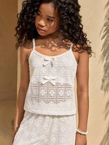 Tween Girls' 3D Bow Hollow Out Camisole & Pants Set, Fashionable Vacation & Casual Wear, Summer - White - View 5