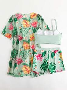 SHEIN Swim Bộ bikini gồm áo hai dây màu trơn và quần short in hoa, kèm áo khoác tay ngắn. - Nhiều màu - Xem 2