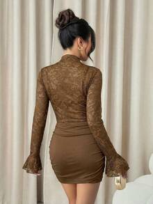 SHEIN PETITE Burgundy Sexy See-Through Lace Mini Dress, Suitable For Daily Dating, Night Out, Nightclubs, Parties, Get-Togethers, Cocktail Parties, Pool Parties, Autumn/Winter Brown Elegant Dress Women Brown Sexy Dress Slay Diva Dress Coffee Brown Dress Long Sleeve Elegant Dress - Chocolate Brown - View 2