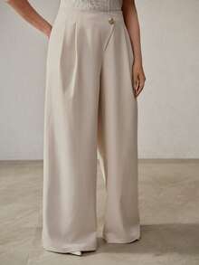 MOTF PREMIUM Quần ống rộng lưng cao bất đối xứng cài nút đơn size lớn dành cho nữ - Màu be - Xem 5