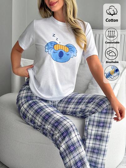 EURMUSE Cotton Line Women Cute Sleepy Animal Printed Round Neck Shrt Sleeve Top&Long Length Pants 2Pcs Comfy Pajama Set