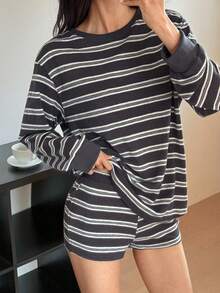 DAZY Conjunto de ropa de estar en casa informal de punto a rayas para mujer - Azul - Ver 5