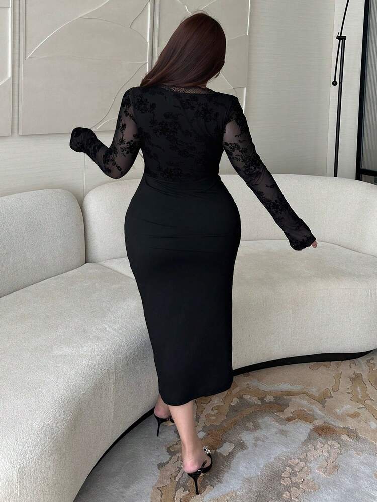 Dazy Plus Contrast Color Lace Embroidery V-Neck Wrap Dress, Sexy & Elegant Plus Size Women, Spring/Summer, Black Sundress