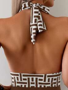 Swim Lushoire 女士几何印花深V露背连体泳衣，度假款 - 彩色 - 查看 3