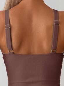 Swim Basics Áo tắm liền thân tối giản màu trơn dành cho nữ, kiểu quấn chéo, thích hợp cho kỳ nghỉ biển. - Màu nâu  Mocha - Xem 5