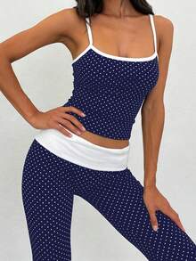 SHEIN EZwear Bộ áo hai dây và quần dài phối màu tương phản mới dành cho nữ, thích hợp cho các chuyến đi chơi mùa xuân và mùa hè, màu xanh navy chấm bi. - Nhiều màu - Xem 6