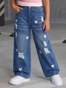 SHEIN ChillGRL 女童/幼儿时尚雪花水洗做旧刺绣喇叭裤 - 藍色 - 查看 5