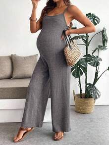 SHEIN Bộ áo liền quần dáng rộng, thoải mái, màu trơn, có gân dành cho bà bầu - Màu xám đen - Xem 6