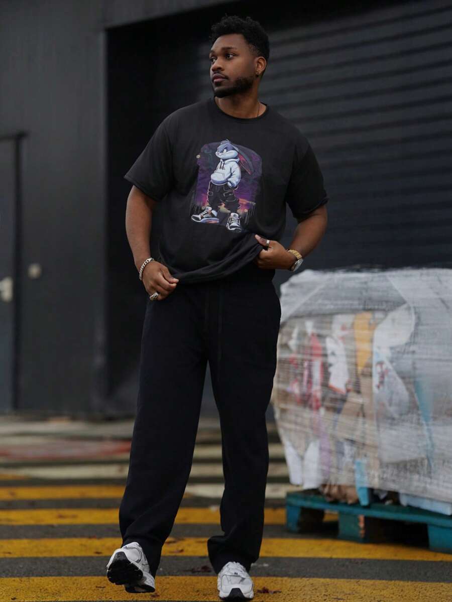 Heavens Edit 男士时尚霸气兔子印花圆领短袖日常休闲流行T恤 - 黑色 - 查看 1