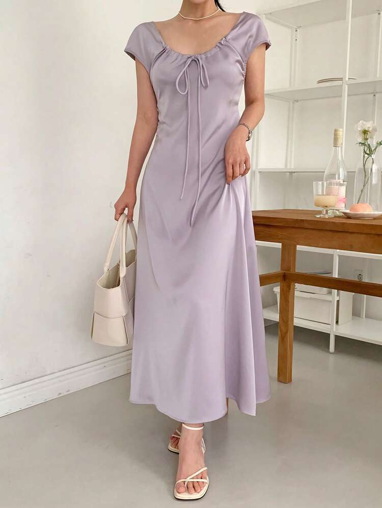 Women's Satin Pleated Waist Mid-Length Dress Sundress
