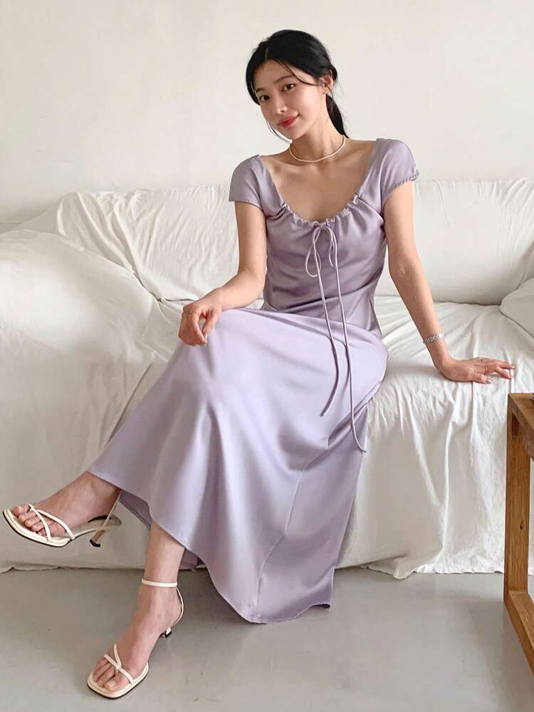 Women's Satin Pleated Waist Mid-Length Dress Sundress