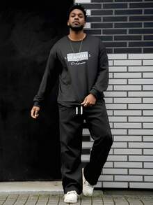 Heavens Edit Men's Letter Print Round Neck Long Sleeve Loose Casual Sweatshirt, Spring/Autumn - Black - View 1