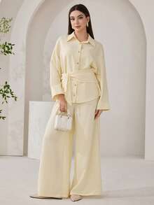2件套女士简约通勤纯色纽扣衬衫和裤子套装，秋季 - 黃色 - 查看 4
