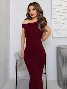 Jemour ملابس صيفية ، ملابس مناسبة للتاريخ اليومي والسفر، ملابس حفلات، ملابس داخلية أنيقة للمرأة، ملابس للخروج، فستان بذيل سمكة طويل جدًا وغير متماثل على الكتف المنحدر، ملابس نوادي للسيدات، ملابس للتاريخ، فساتين حفلات - عنابي اللون - مشاهدة 5