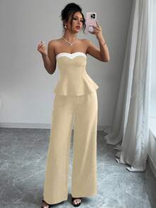 Elenzga Women's Elegant 2 Pieces Set: Ruffle Hem Bandeau Top And Wide Leg Pants - Light Yellow - View 4