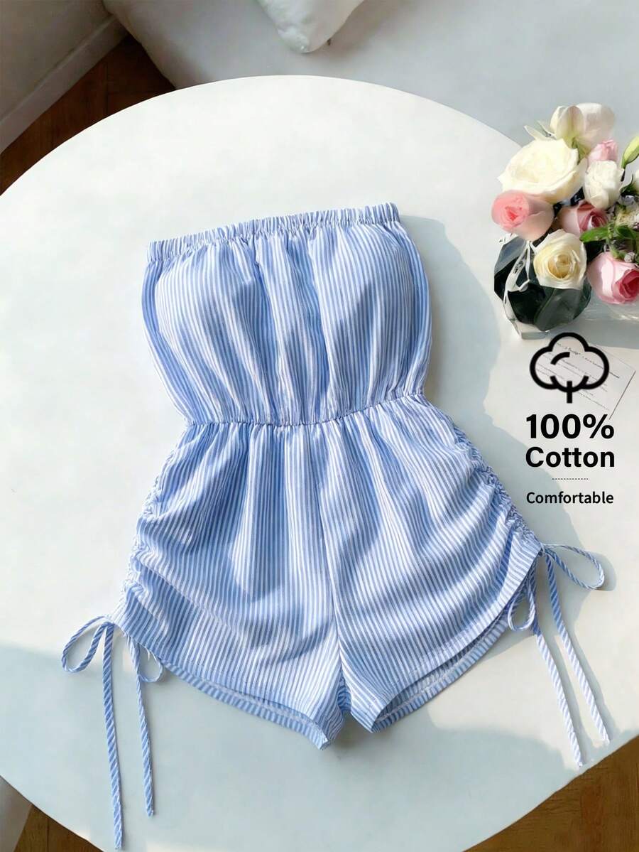 GlowEve 女士休闲条纹抹胸连体衣，侧边抽绳 - 藍白色 - 查看 1