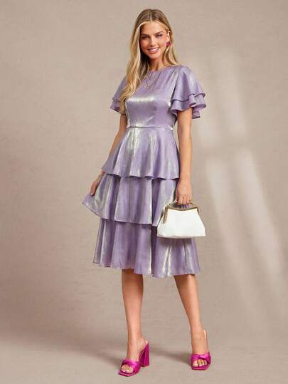 Amorya Women's Round Neck Sleeveless Waist Cinching Shiny Purple Layered Cake Skirt Dress, Elegant Solid Color Suitable For Daily Wear, Gatherings, Dates, Spring/Summer Wedding Guest Dress For Women Weddings & Events Bridesmaid Dress Solid Purple, Shimmering Fabric, Multi-Layered Cake Skirt, Short-Sleeved Dress, Knee-Length Midi Dress, Elegant Women's Dress For Spring And Summer, Spring And Summer Clothing. Lavender Ruffle Dress Women Purple Midi Dress Lilac Dress Women Ruffle Dresses For Women Purple Elegant Dress Women Summer Outfit For Women Spring Dress Women Party Dresses