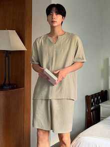 DAZY 男士米色短袖T恤短裤睡衣套装，夏季 - 米色 - 查看 7