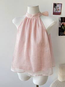 SHEIN Blusa elegante y dulce de gasa fruncida con cuello alto y línea A, con decoración de lazo en la espalda, para niñas preadolescentes, primavera/verano - Rosa - Ver 3