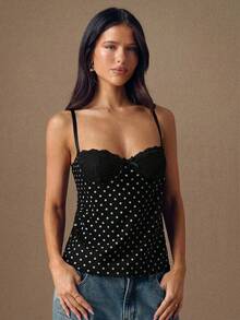 SHEIN BAE Women's Polka Dot Print Lace Patchwork Camisole - Black - View 5