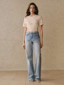 Anewsta Women's Apricot Elegant Loose Beaded Round Neck Short Sleeve T-Shirt, Spring/Summer Rhinestone Tops Embellished Top - Apricot - View 4